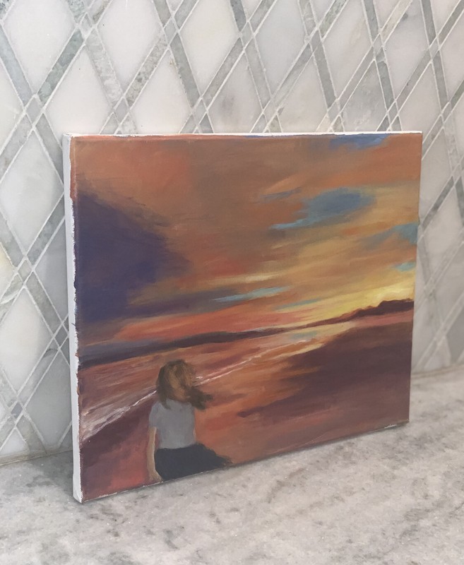 Vintage OOC Windy Sunset Walk Lady Girl Beach Seascape 11”x14” Carolyn Rose