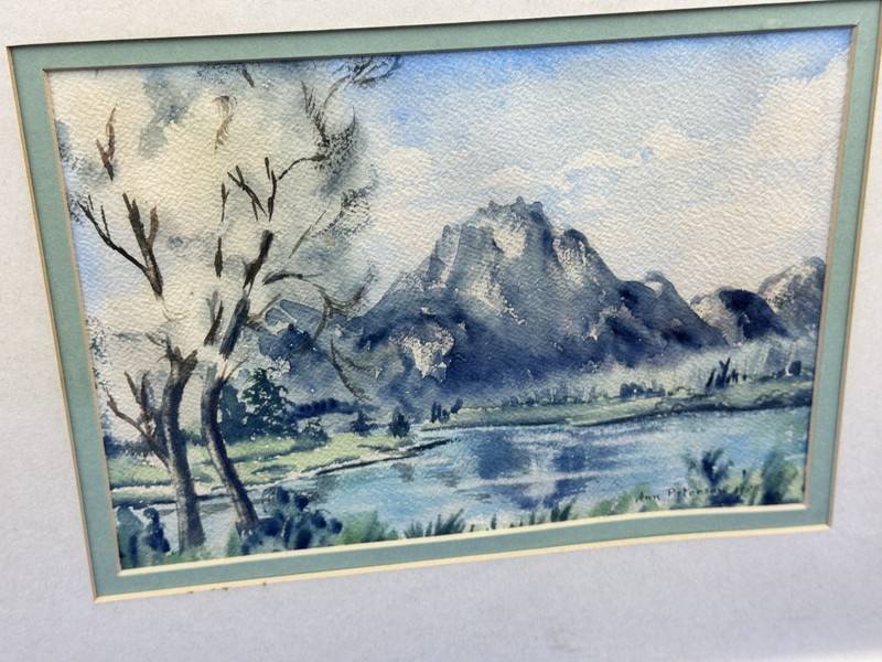 1958 Watercolor w/ Matte & Frame Signed ANN PETERSON Lake & Mountain Background