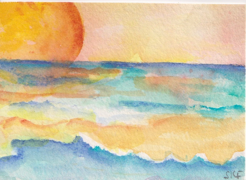 Original ACEO art Seascape, Ocean, Beach View, Sunset, Horizontal