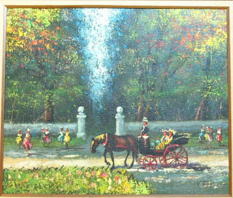 V. TOMMASINI ORIGINAL OIL ON CANVAS PAINTING 17th Century Park Scene Horse Wagon