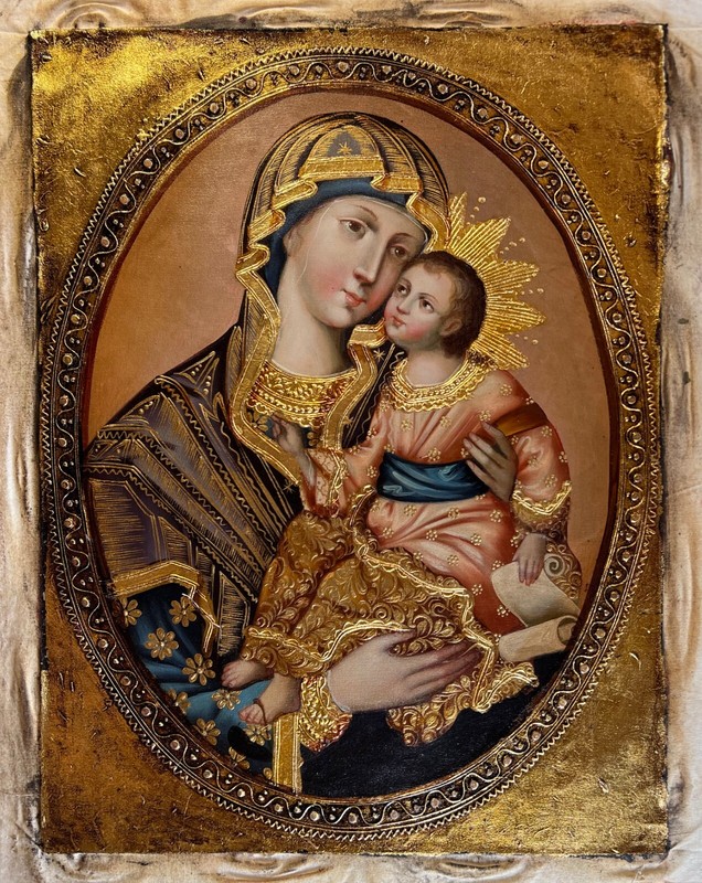 Virgin Mary with Jesus gold- Painting on Canvas Cusco School of Art Original