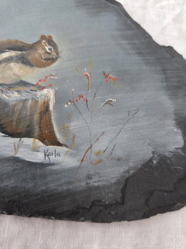 Chipmunk Vtg Signed Painting Hand Painted Art Slate Stone Slab Cottage Snow gallery