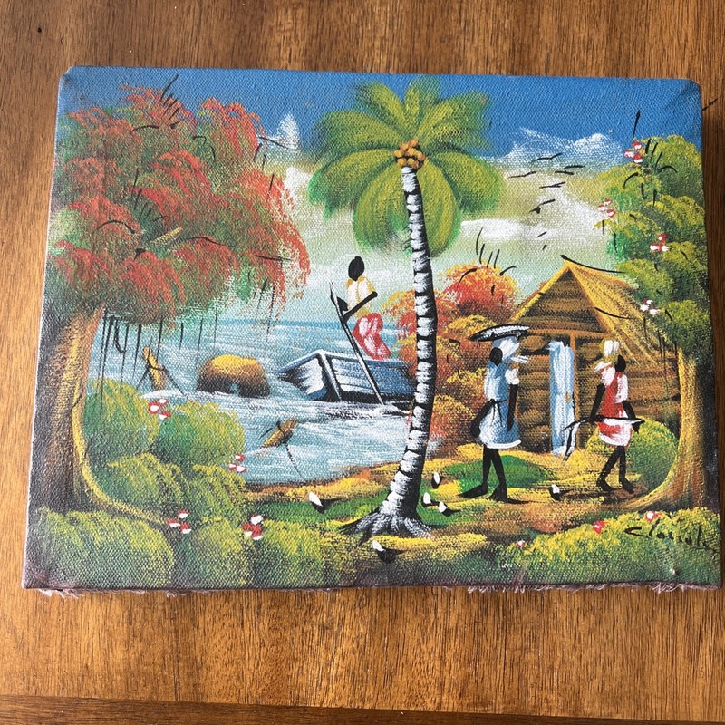 2 Vintage Haitian Genre Oils of wooden huts with people working illegibly signed gallery
