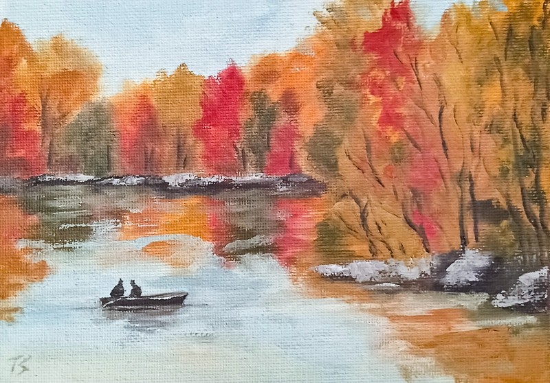 Day at the Lake ORIGINAL Oil Painting Impressionism Boat Autumn Park River 5"x7"