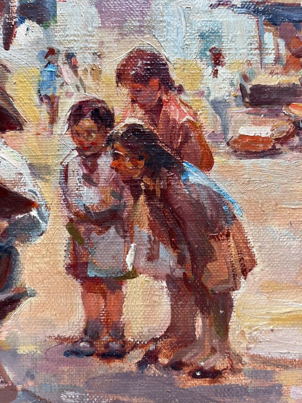 ANTONIO SERRANO IMPRESSIONIST VILLAGE TOWN FIGURES VINTAGE SPAIN OIL PAINTING gallery