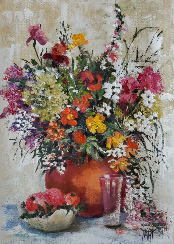 YARY DLUHOS Flower Fruit Still Life Pomegranate Plants Original Art Oil Painting