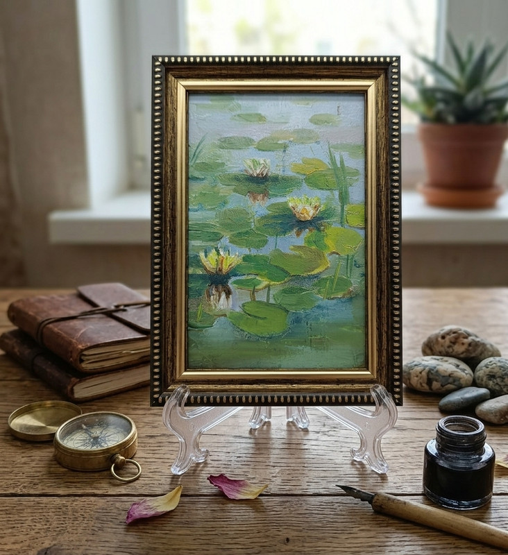 Water Lilies Original Oil Painting 6x4 Framed Signed Lotus Lake Landscape Art gallery