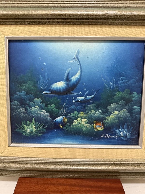 C. Benolt Dolphin & Fish Original Oil Painting Custom Framed Great Detail Signed gallery