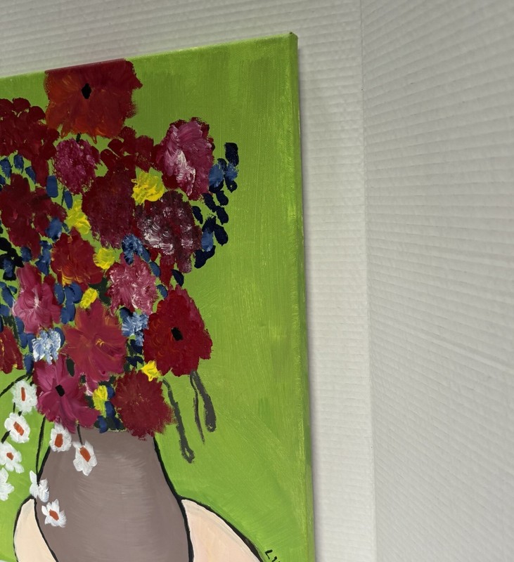 Original Vase Of Flowers Vibrant Colors And Green Background 16 W x 20 H Signed gallery