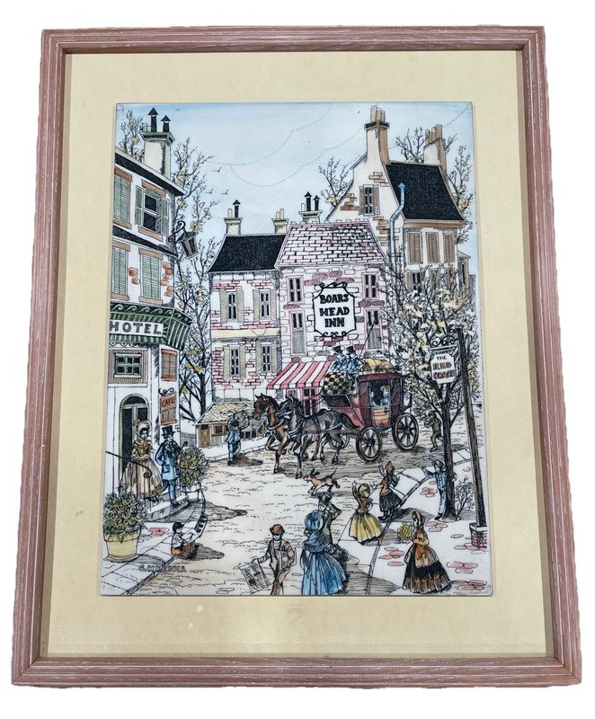 Vintage C Harsha Victorian Street Scene Signed Framed Etching Art Print 17×21