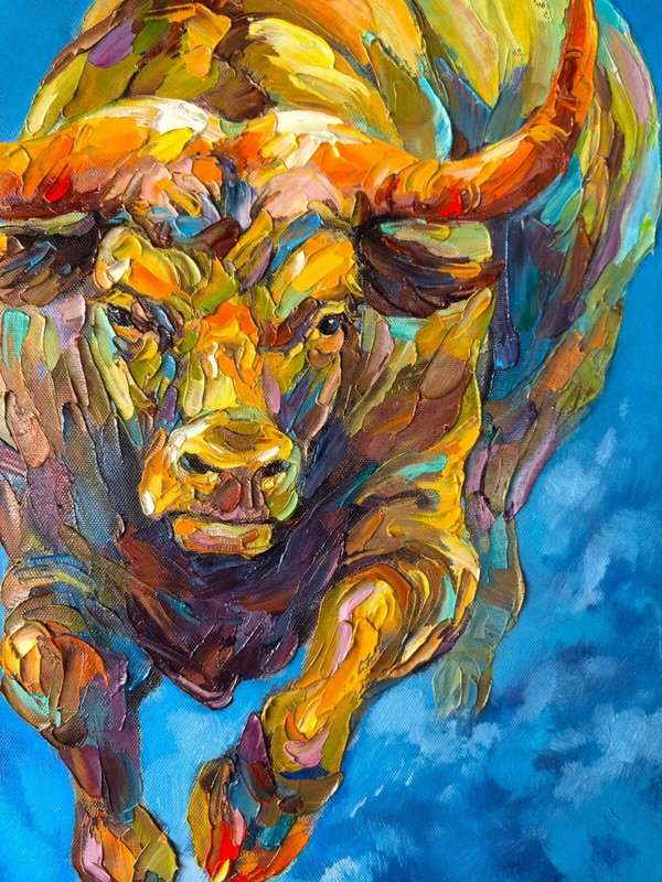 Handmade Colorful Thick Oil Painting Original Animal Art Buffalo Cattle 40x60cm gallery