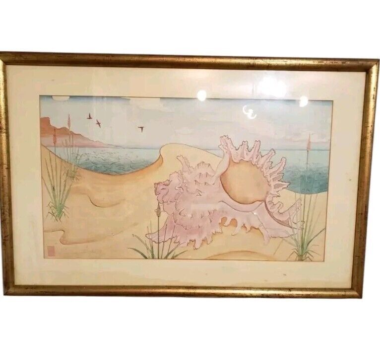 Coastal Serenity with Pink Seashell by Janice Hubbard – Original Watercolor