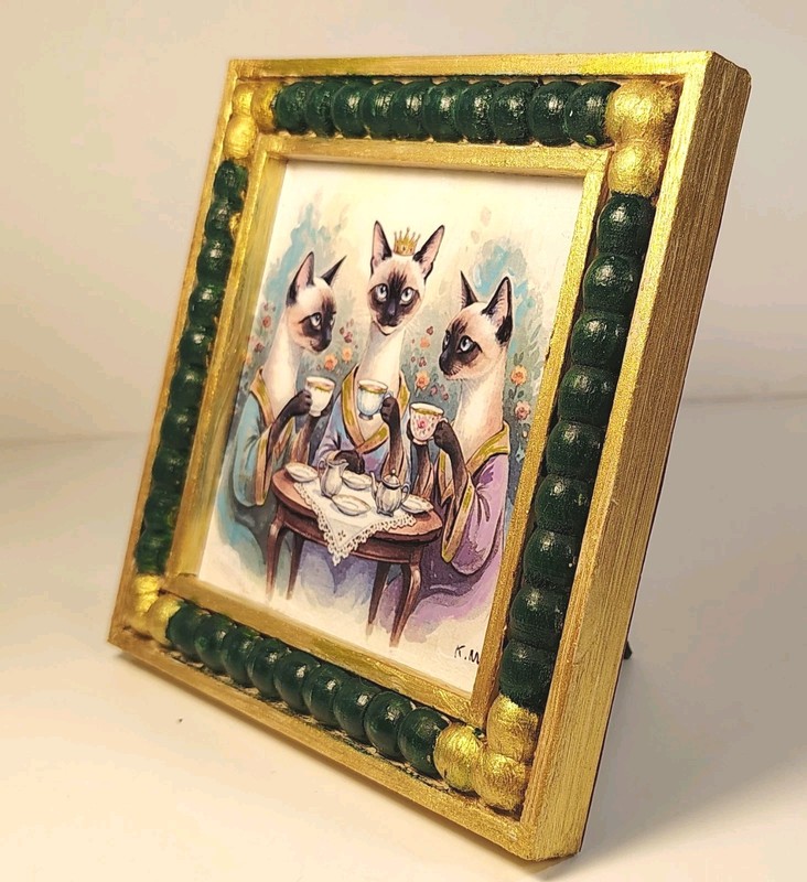 Three Siamese Cats Tea Party decoupaged print 4"x 4" canvas Framed gallery
