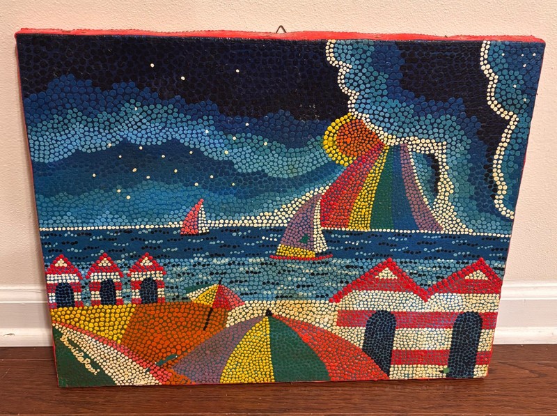 Vtg Amazing Antique Rainbow BEACH Scene COLORFUL DOT Painting ART