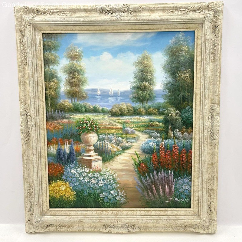 Signed T or J Edison Colorful Scenic Trail Waterscape Sail Boats Framed Painting