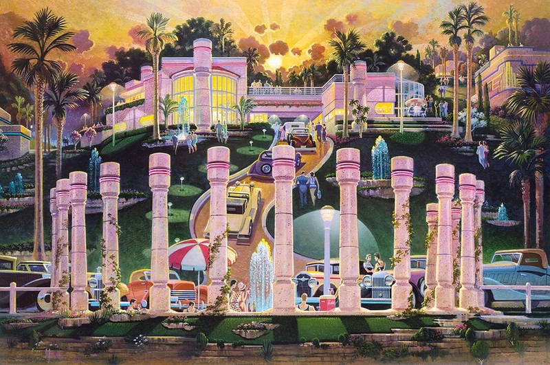 Sunset Splash Michael Young Serigraph Miami Florida Art Deco Cars Fountain Neon