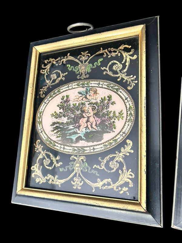 VTG 2pc Set Reverse Glass Painting Neoclassical Romantic Cherubs Wood Framed Art gallery