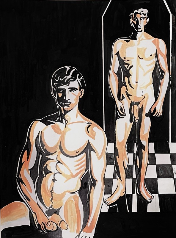 Study of two men, ink painting, male nude, gay int