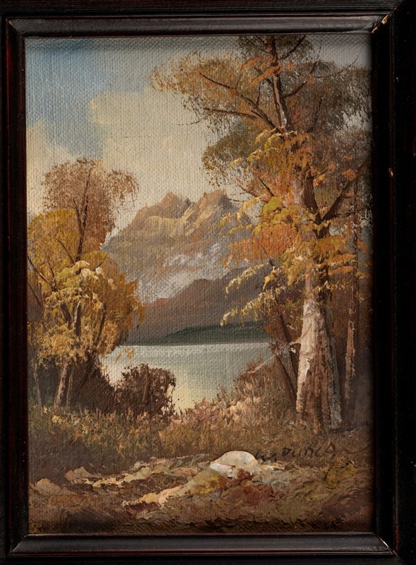 Small W. Duncan Signed Original Oil Landscape Painting 5x7in Mountain Tree Lake