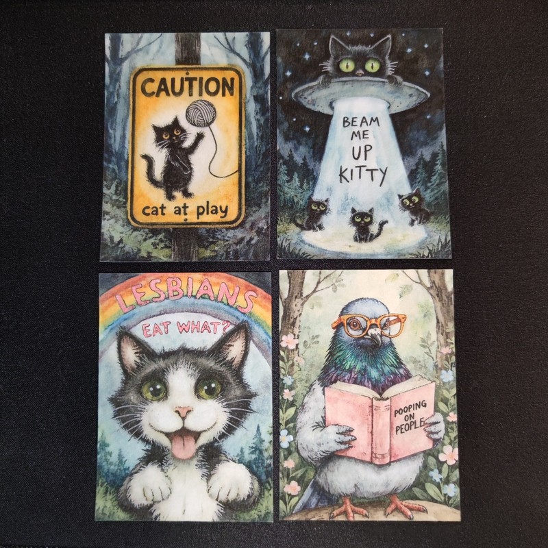 ACEO 2.5×3.5 watercolor painting – lot 8 – cat kitty pigeon funny cute cozy tale