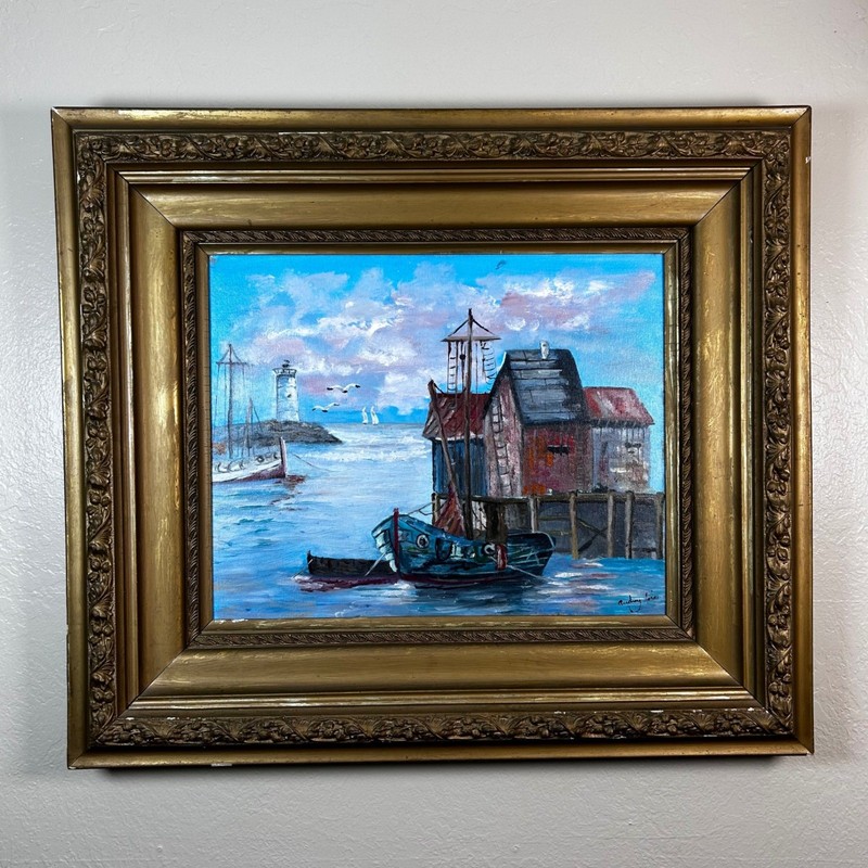 Audrey Jones Original Oil Painting Coastal Lighthouse Boat Gold Frame 27″ x 31″