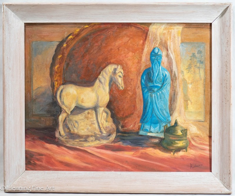 Mid Century Oil Painting Impressionist Still Life Asian Arts A Fondacaro 20×24″