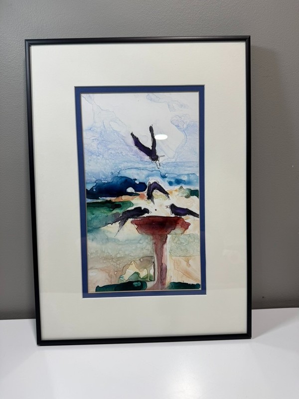14″x18″ Framed signed authentic mixed media on Yupo depicting crows at a feeder
