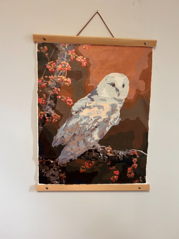 White Owl in Acrylic Paint – 20» x 16″ – Wood and leather frame