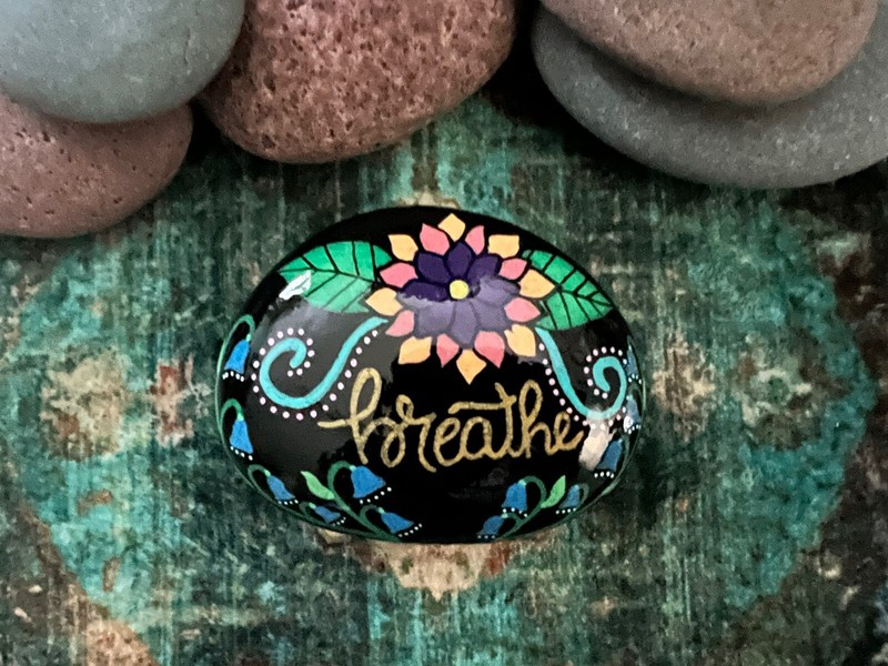 Acrylic Hand Painted Floral Breathe Inspiration Rock