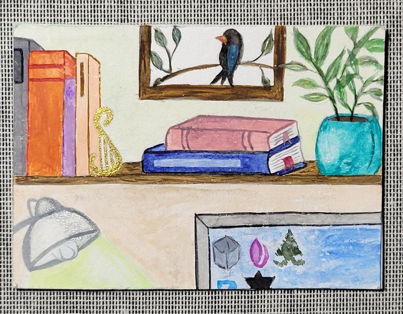 ACEO Original Watercolor 2.5″ x 3.5″ WFH Vibes, Office, Books, Monitor And Plant