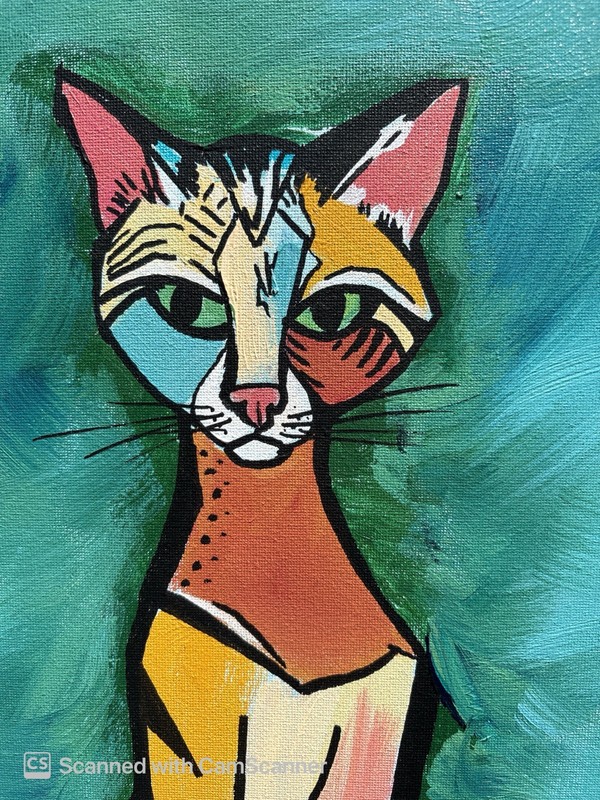 Stylized Colorful Calico Cat Original Acrylic Painting 11x14 Signed Canvas Art gallery
