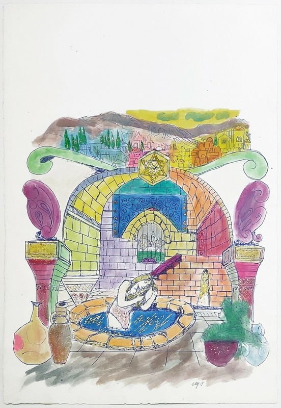 AMRAM EBGI "WOMAN IN POOL" | ORIGINAL WATERCOLOR WITH GLITTER 21 X 15" | GALLART