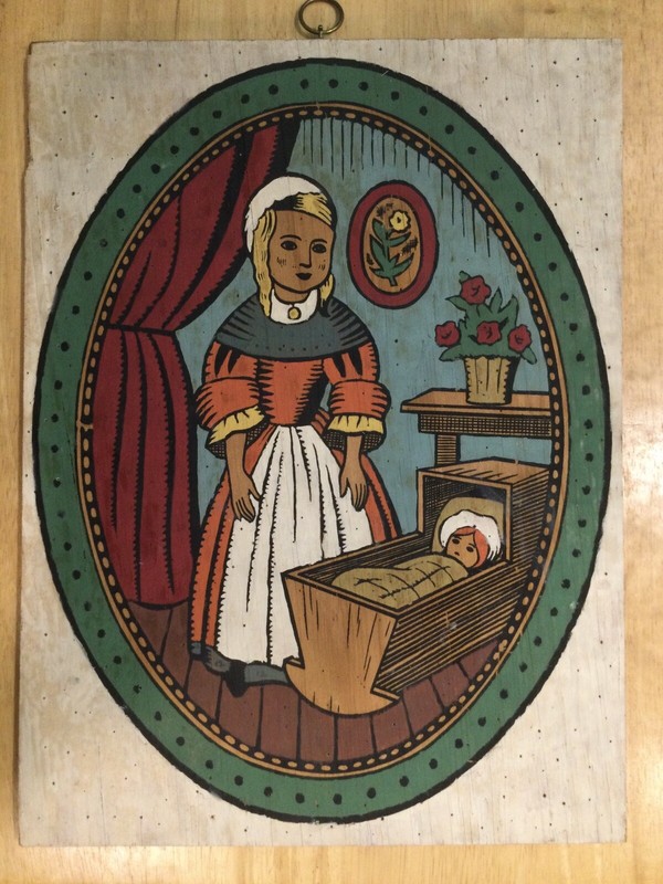 Hand Painted PA Dutch Style Folk Art Painting On Board Young Lady And Baby