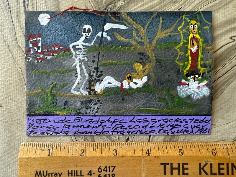 EX-Voto Folk Art Orig Painting On Metal 4" x 6" Dated' 61 SKELETON GRAVE MADONNA gallery