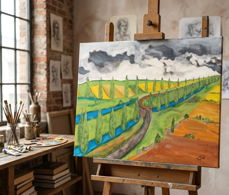 Landscape Original Acrylic Painting Canvas Signed PVytautas 16×20 in Cloudy