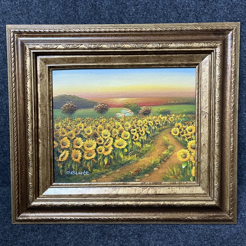 C. Benolt Oil Painting Frame 3D Impasto Style Sunflowers Field Nature Vintage