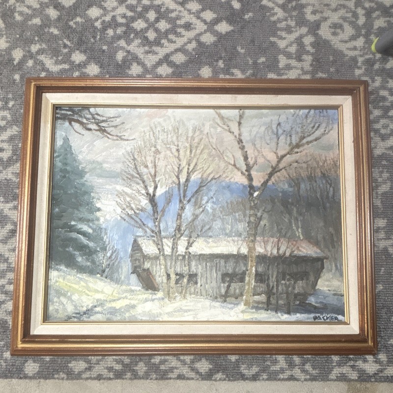 R. G. Packer Signed OOAK Original Framed Oil Painting Town Bridge Albany N.H.