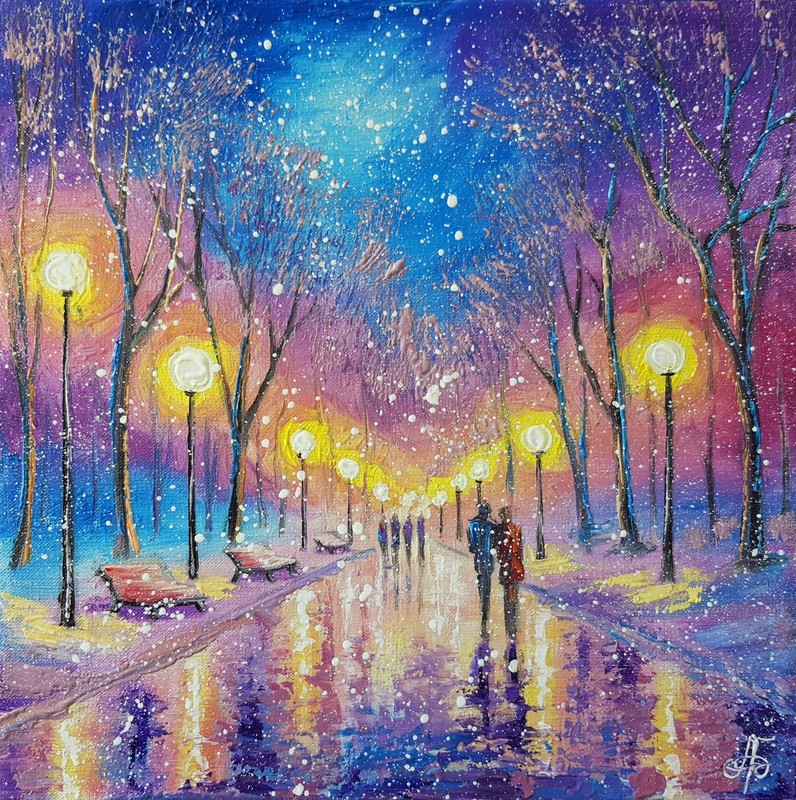Original Small Oil Painting Winter Landscape Snow Park Scene Impressionist Art