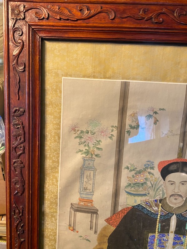Huge Antique "Portrait of A Mandarin Court Official" Painting - Rosewood Frame gallery