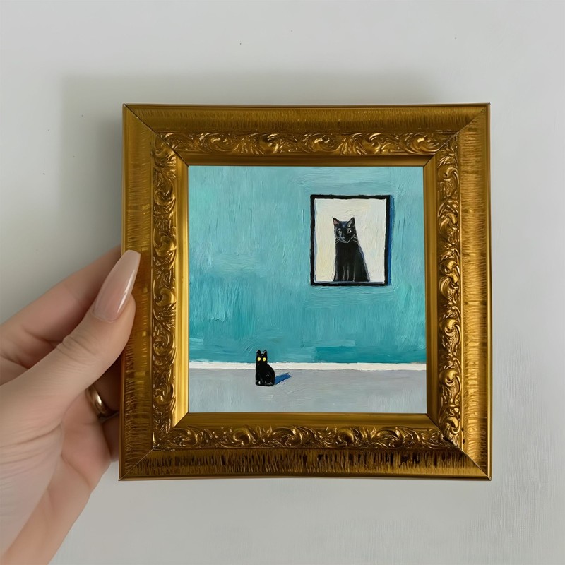 Small Framed Original Art, Black Cat at an Art Exhibition For Home Decor