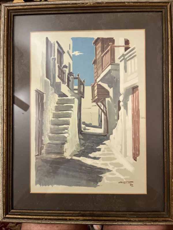 “Mykonos» Watercolor by Stamatis Vassiliou, circa 1972 12”x8.5” Frame 16.25×13