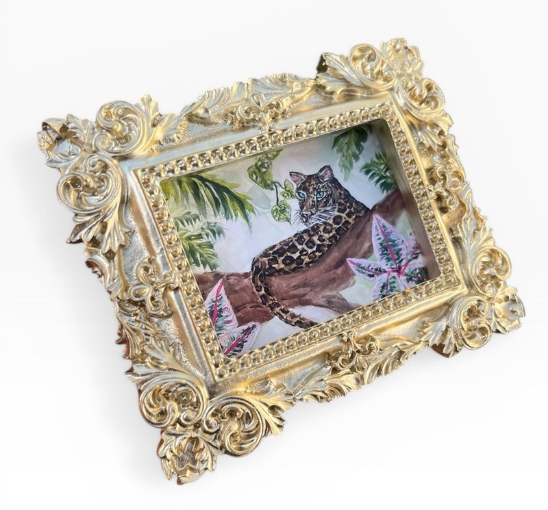 Leopard Resting watercolor print in miniature gold vintage style ornate frame gallery