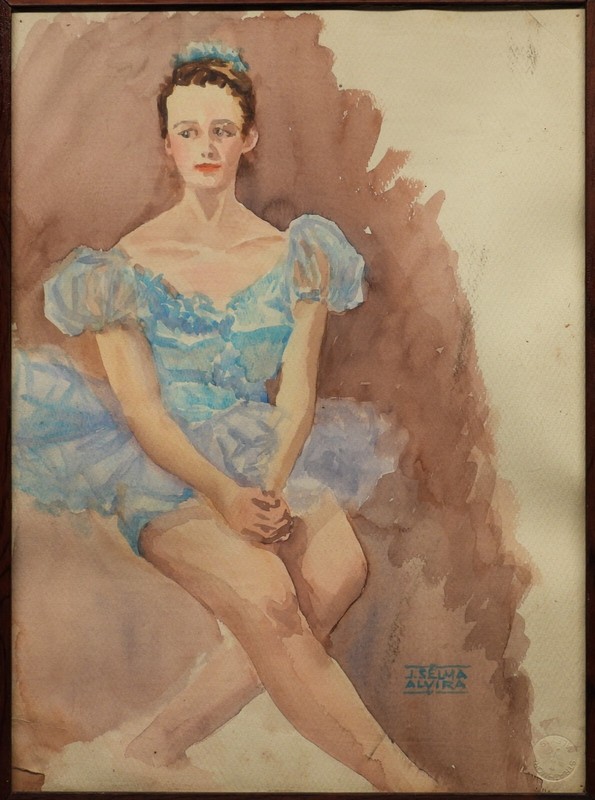J. Selma Alvira Ballet Dancer in Blue Dress Portrait Watercolor Painting
