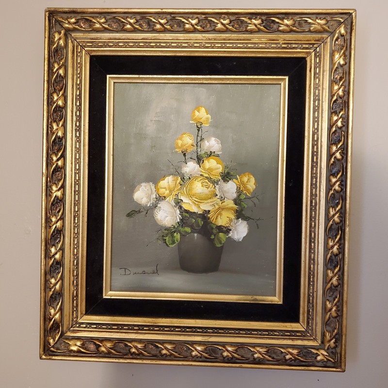 Vtg Oil On Canvas Yellow Roses In Vase Signed Ornate Gold Frame W/Velvet 13X15″