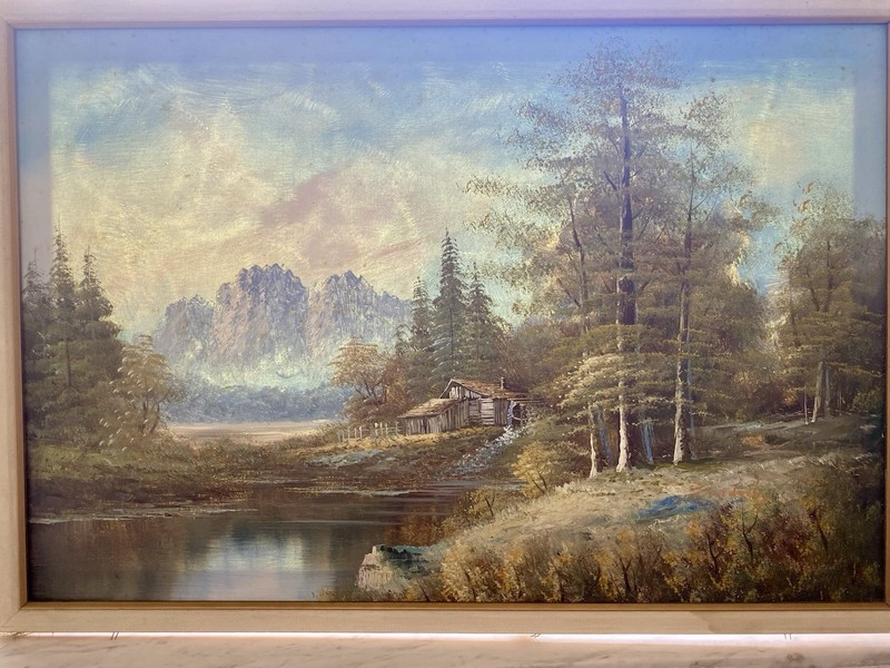 Embdy Signed Framed Original Landscape Oil Painting Cabin Trees Lake