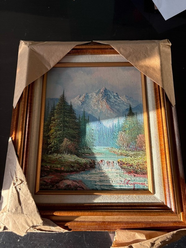 Realism Landscape Painting on Canvas - Trees, River, Mountains, 8x10 Framed Art gallery