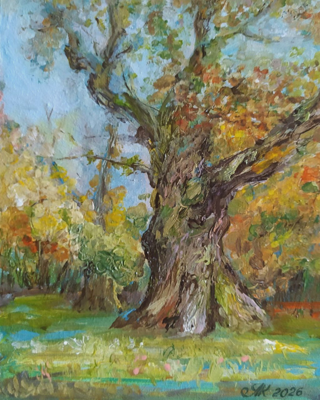 art 817 Autumn Tree – Bright Acrylic Painting on cardboard 10×8 in / 25×20 cm