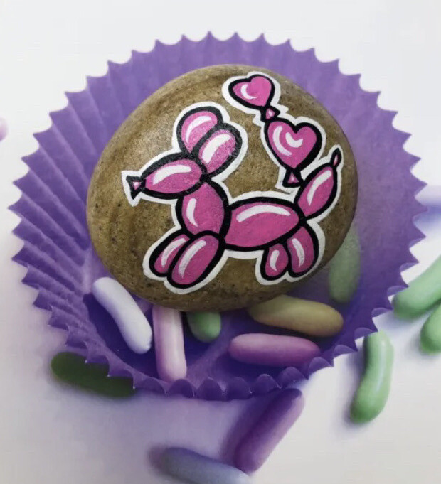 Painted rock with acrylic painting/ Sealed with art Resin/ Pink Dog Ballon