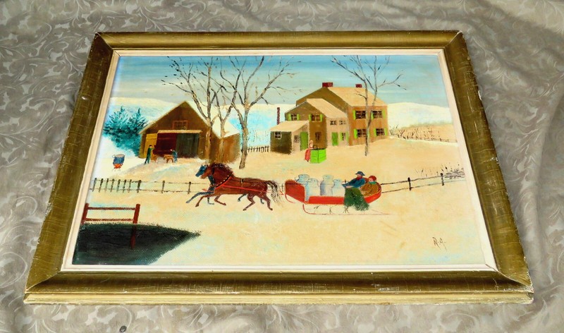 1930 CANADIAN AMISH MENNONITE WINTER SCENE NAIVE OIL PAINTING RA INITIALS SIGNED gallery