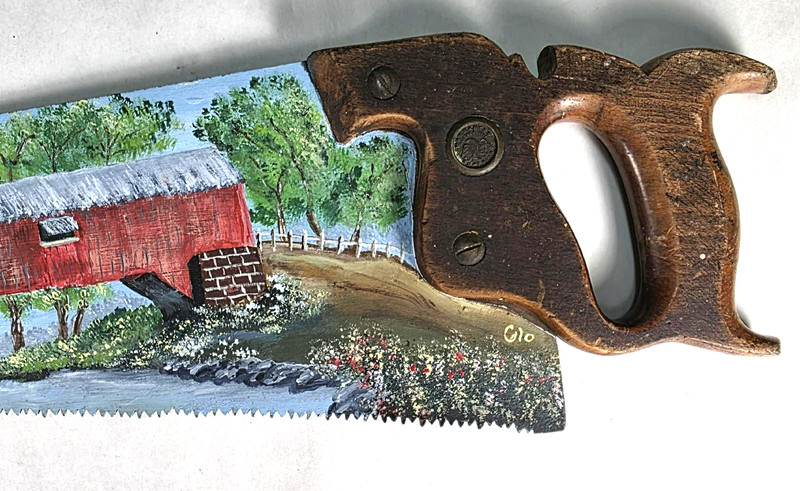 Hand Painted 28” Hand Saw Covered Bridge Folk Wall Art Country Signed Primitive